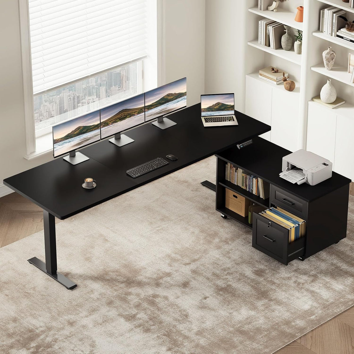 OffiGo 71 Inch L Shaped Electric Standing Desk with Cabinet Sets, Black