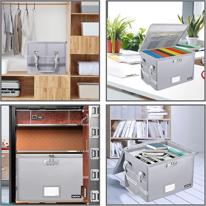 ENGPOW File Box with Lock, Fireproof Document Box with Pockets, Collapsible - Image 2
