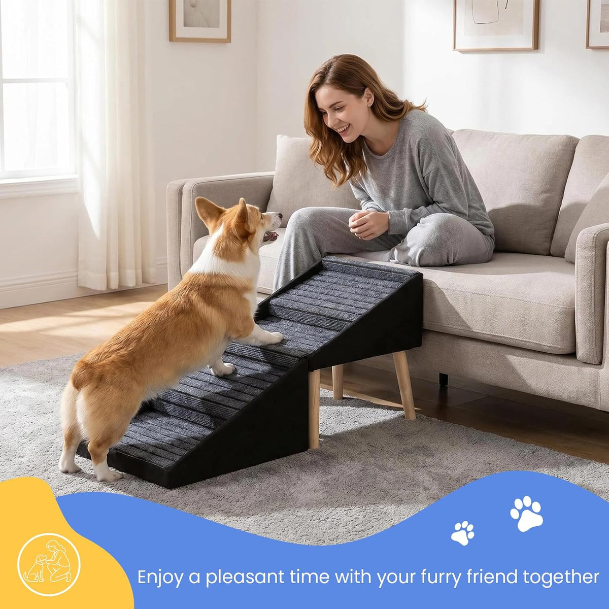 GYKLE 17.3" Foldable Wooden Dog Stairs & Ottoman, 2-in-1 Pet Ramp