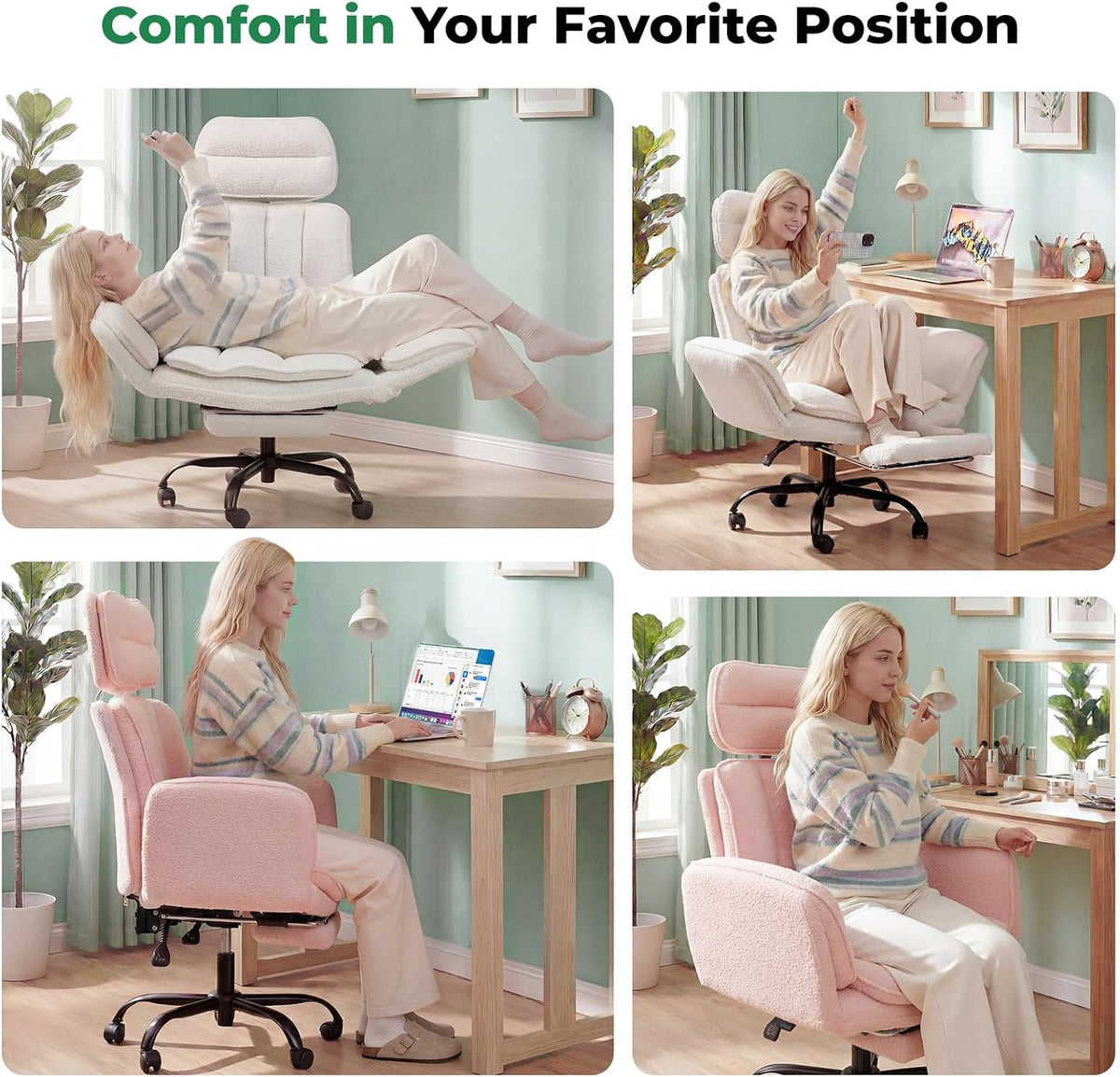 HOMRELEXA Criss Cross Office Chair with Armrests & Wheels, Comfy Teddy Fl...