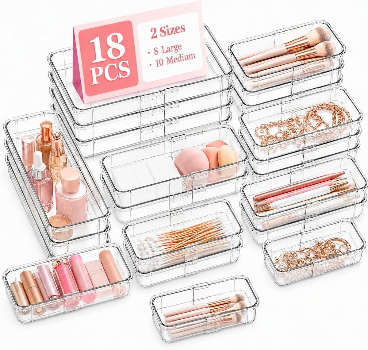 18 Pcs Clear Adjustable Drawer Organizer, 2-Size Desk Drawer Organizer Box, A...