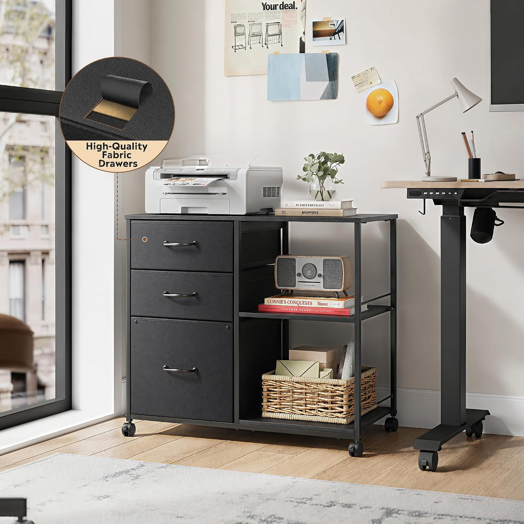 DEVAISE 3 Drawer Mobile File Cabinet with Open Storage Shelf | Rolling Printer Stand, Fabric Lateral Filing Cabinet fits A4 or Letter Size for Home Office, Black