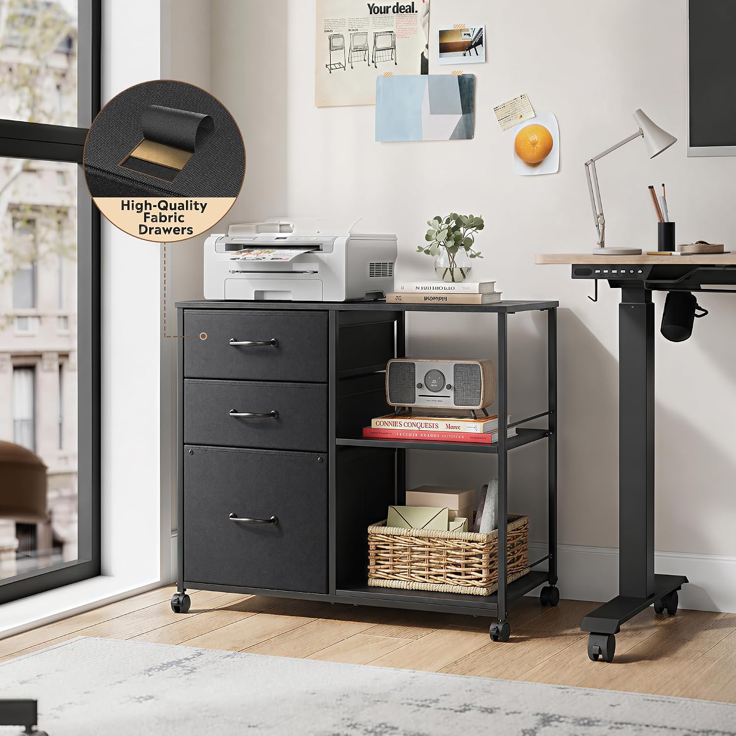 DEVAISE 3 Drawer Mobile File Cabinet with Open Storage Shelf | Rolling Printer Stand, Fabric Lateral Filing Cabinet fits A4 or Letter Size for Home Office, Black