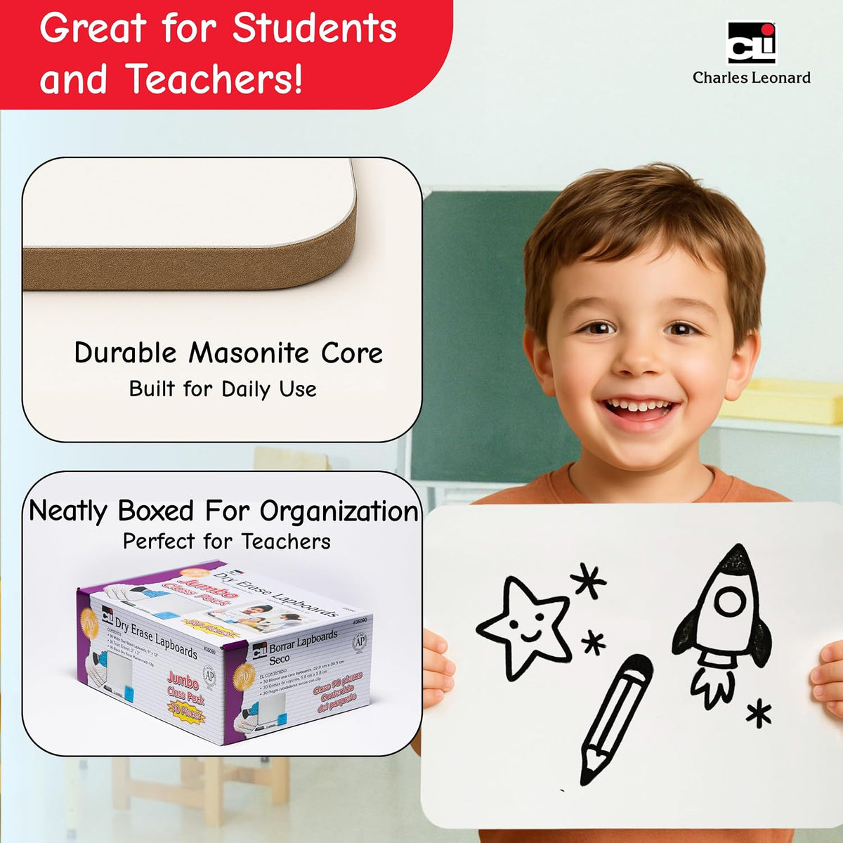 Charles Leonard Dry Erase Board Classroom Pack - Mini Lapboard School Supplie...