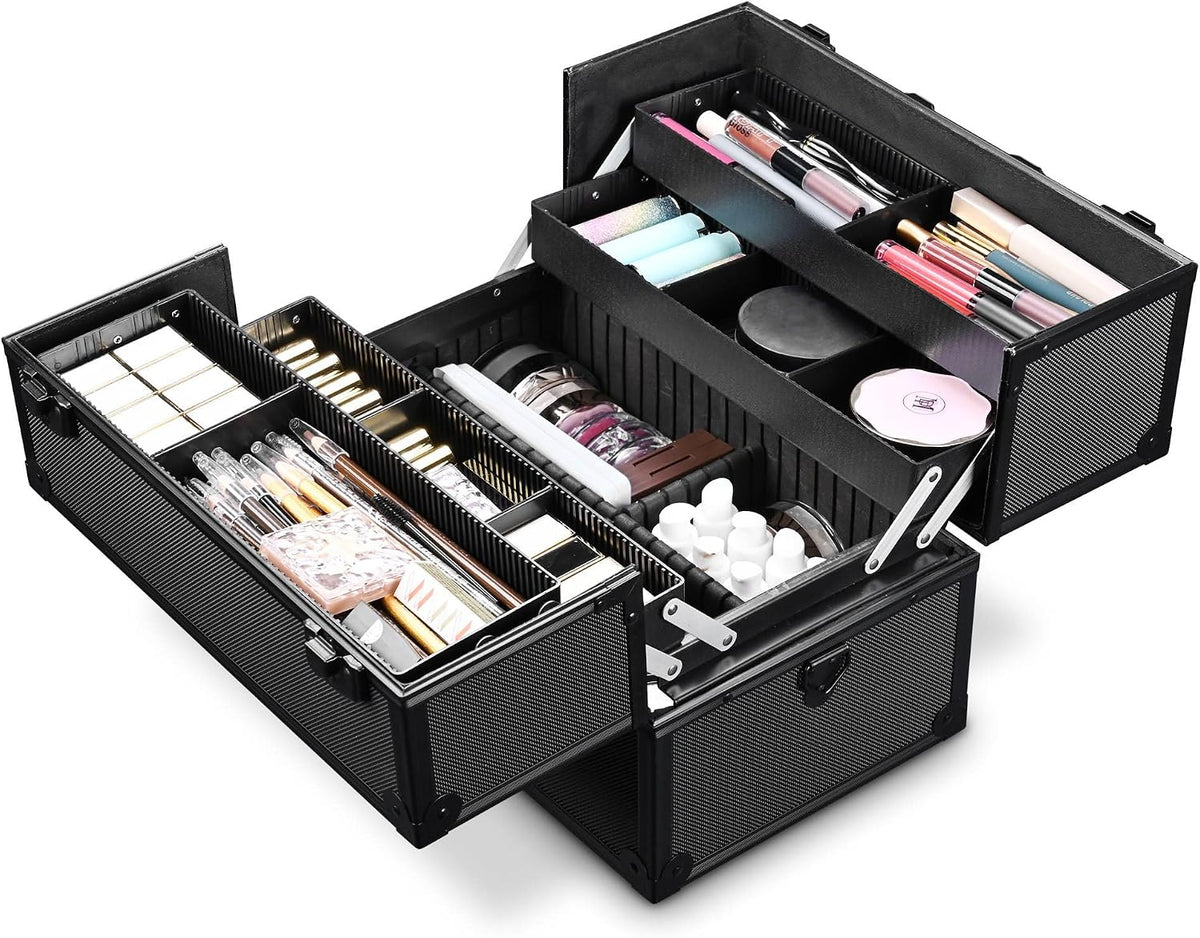 BYOOTIQUE 14'' Makeup Train Case w/Strap 4 Adjustable Trays Storage Box