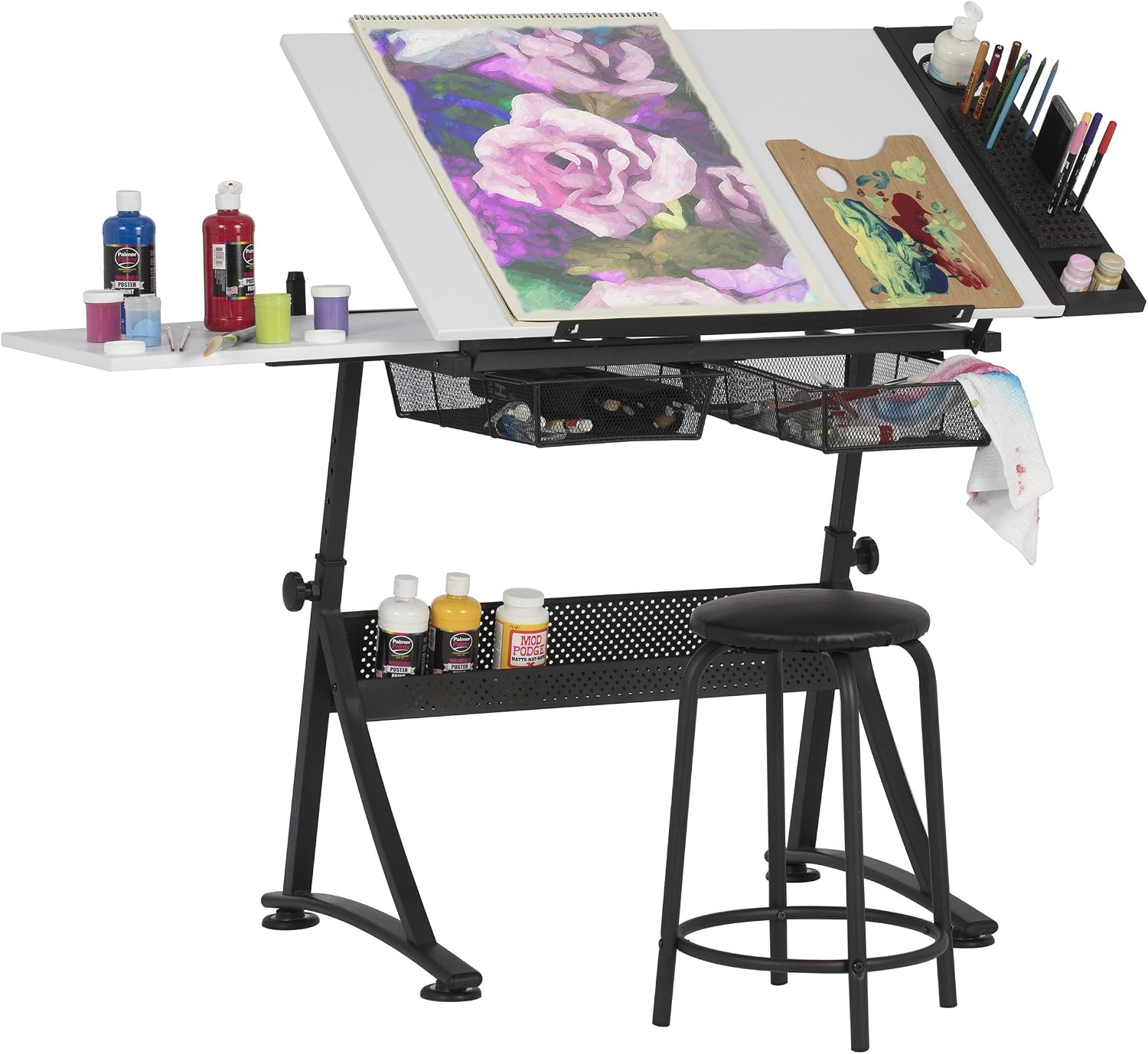 Fusion Drafting Table with Stool, Height Adjustable Desk with Tilt Top, Charcoal / White