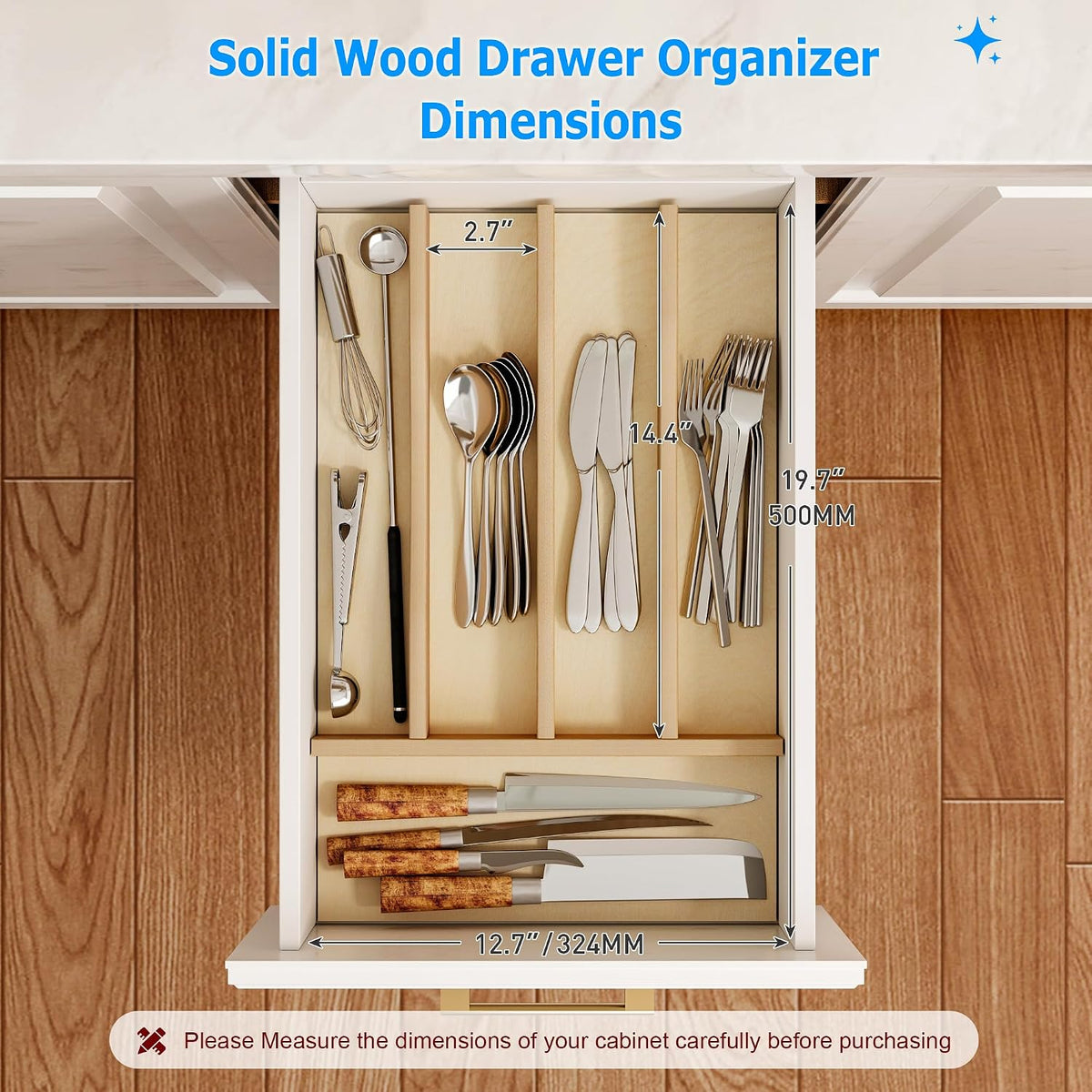 WelFurGeer Solid Birch Wood Silverware Drawer Organizer, Wooden Cutlery Drawe...