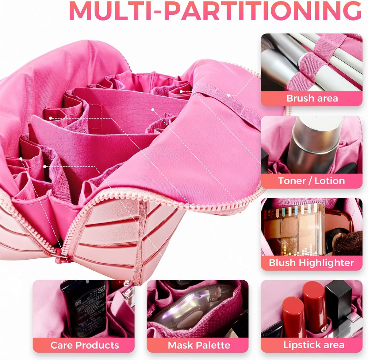 Travel Makeup Organizer Bag with Fold-Down Design and Adjustable Dividers, 27...