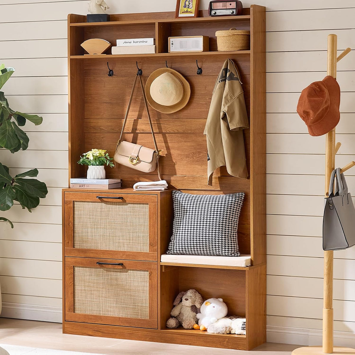 leyaoyao 78" tall boho hall tree with bench shown in use