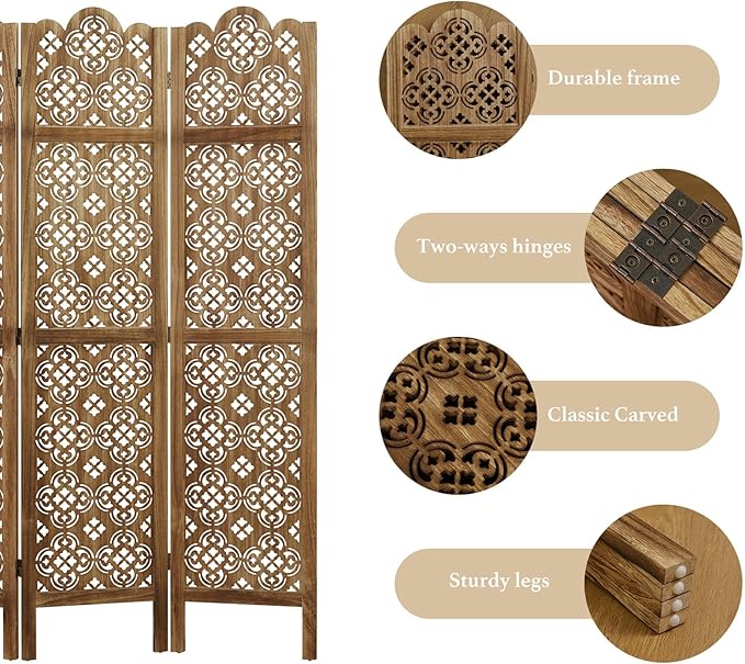 68.9Inch Folding Room Divider, 4 Panels Wood Carved Privacy Screens - Image 3