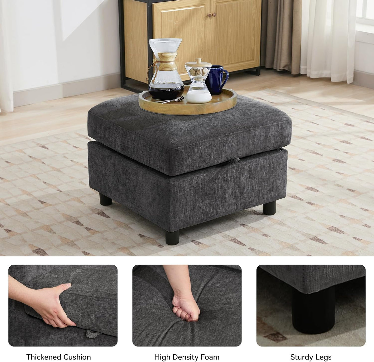 WUTUTUEE 25" Square Storage Ottoman for Modular Couch, Convertible Footr...