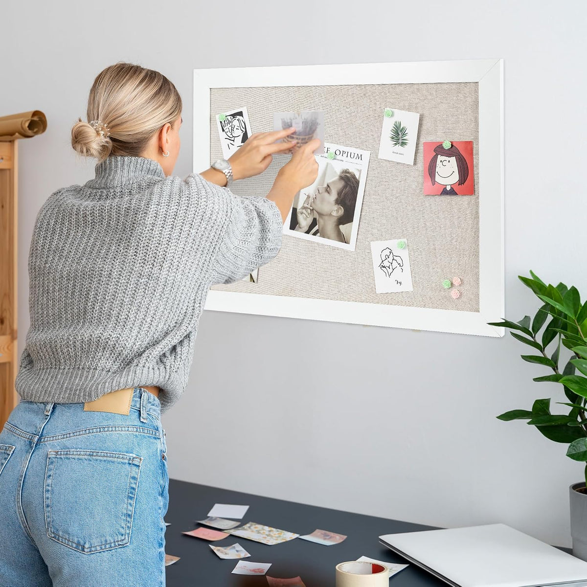 White Cork Board Bulletin Board with Linen, Wood Framed 30" x 20" C...
