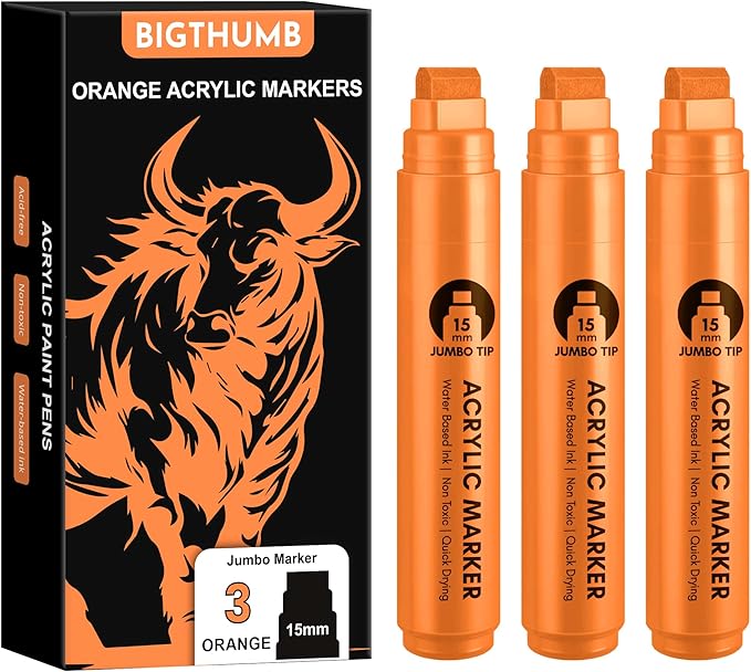 BIGTHUMB 3 Pcs Orange Jumbo Permanent Markers: 15mm Wide Tip Thick Acrylic by BIGTHUMB