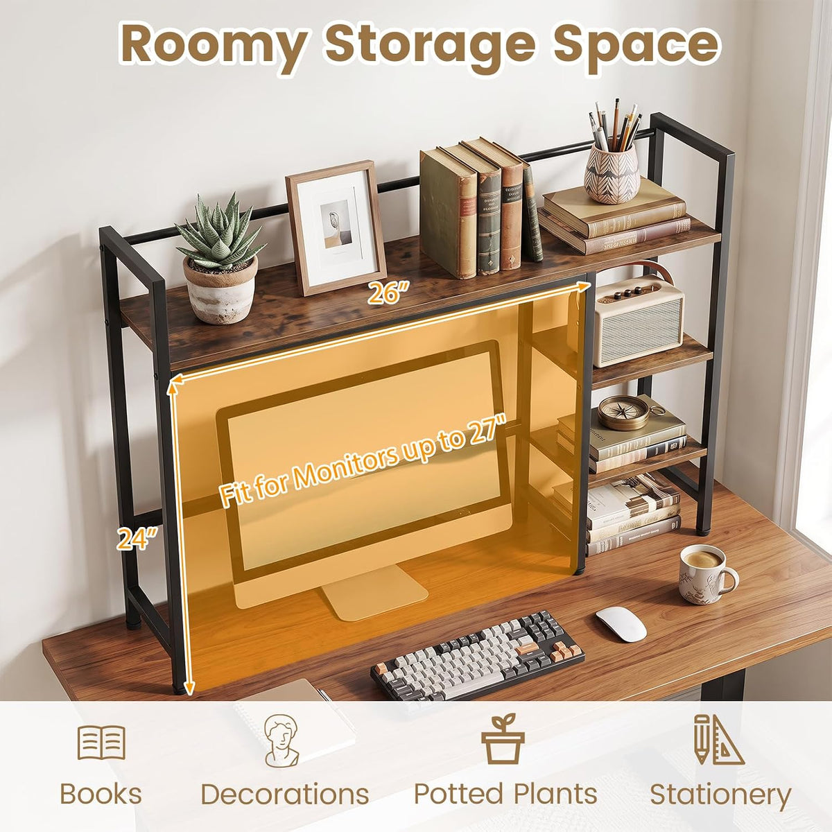 Tangkula 4-Tier Desktop Bookshelf, 38.5" Dorm Desk Hutch, Rustic Brown