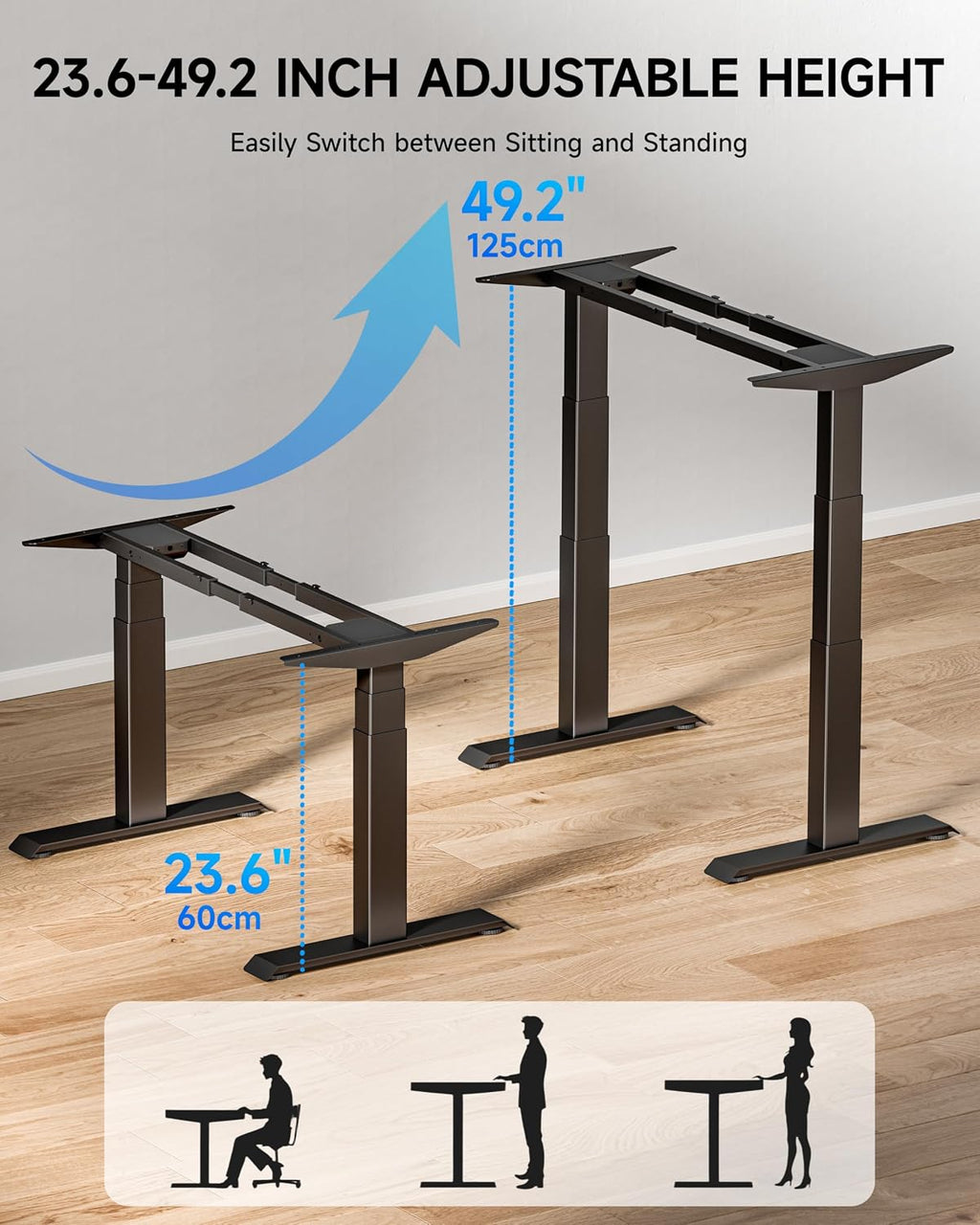 bizum dual motor 3-stage electric standing desk frame,3, side view
