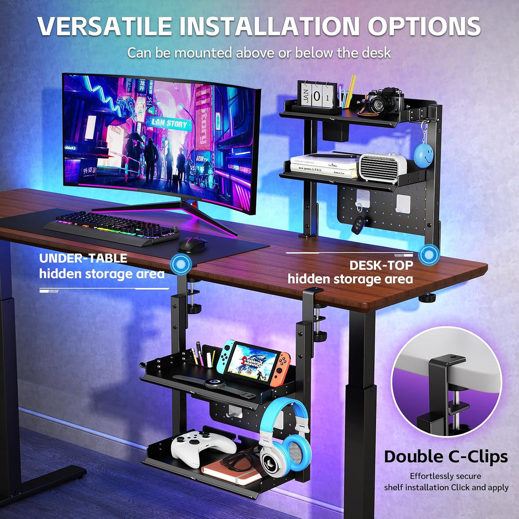 metal clamp on desk shelf,storage shelves with pegboard, package contents