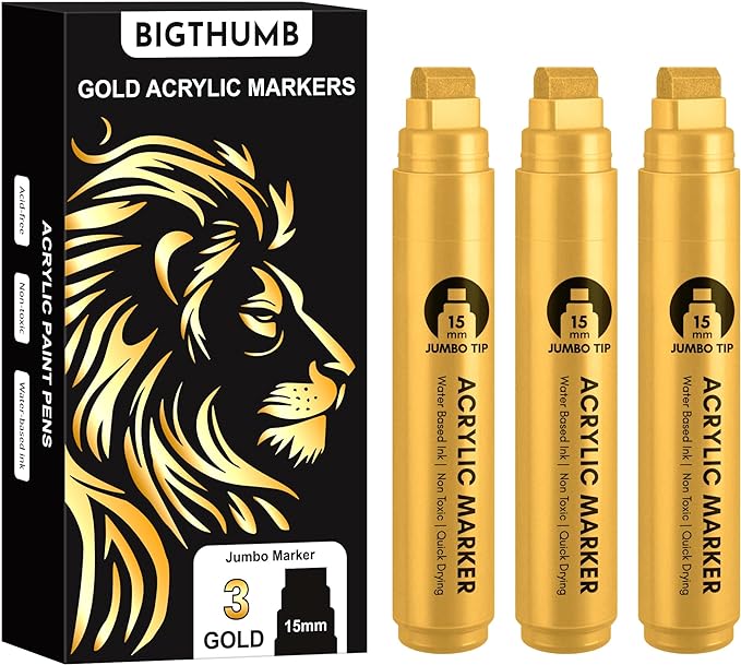 BIGTHUMB 3 Pcs Gold Jumbo Permanent Markers: 15mm Wide Tip Thick Acrylic Paint by BIGTHUMB
