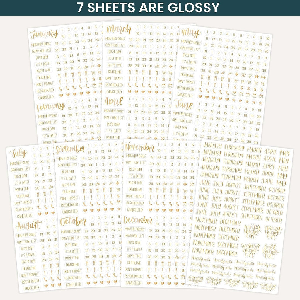 bloom daily planners Metallic Calendar Essentials Planner Stickers - 8 Sheets, 1629 Stickers Per Pack! - Aesthetic Monthly Headings, Dates, Icons, Etc. - Gold Foil