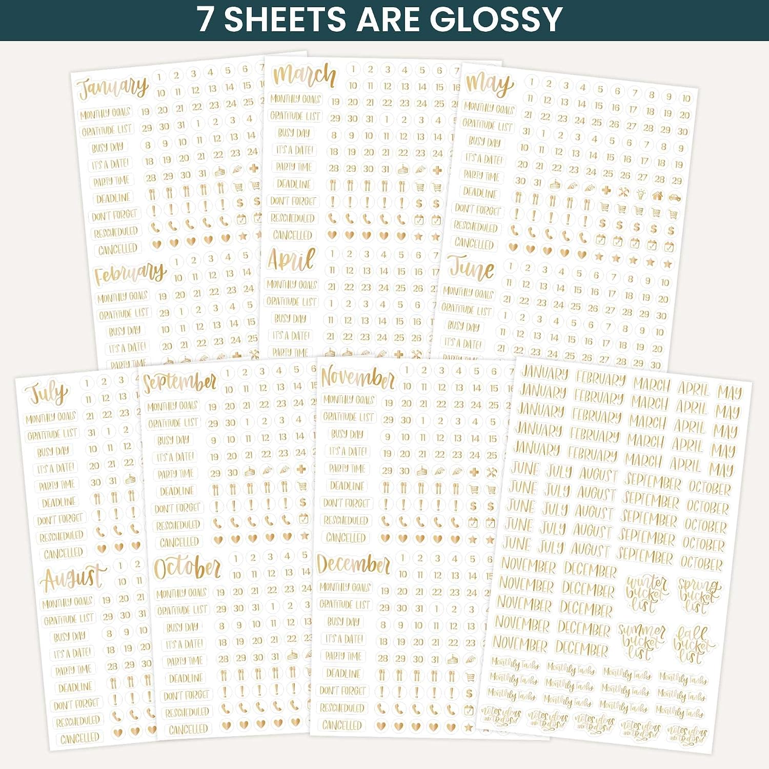 bloom daily planners Metallic Calendar Essentials Planner Stickers - 8 Sheets, 1629 Stickers Per Pack! - Aesthetic Monthly Headings, Dates, Icons, Etc. - Gold Foil