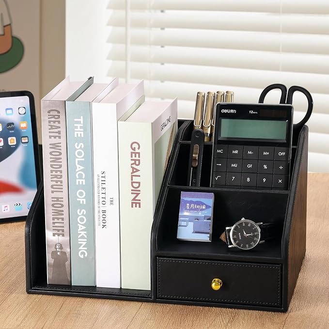 KINGFOM PU Leather Desk Organizer, Pen Pencil Holder/Book Mail Organizer Holder - Image 4
