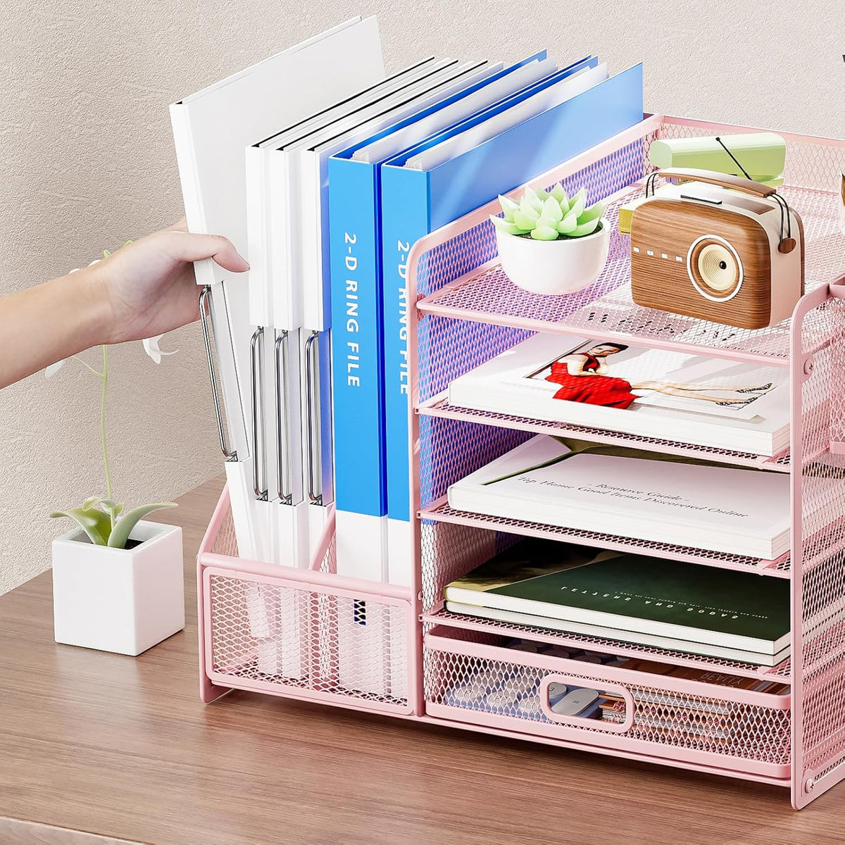 marbrasse desk organizer with file holder, 5-tier paper showing dimensions