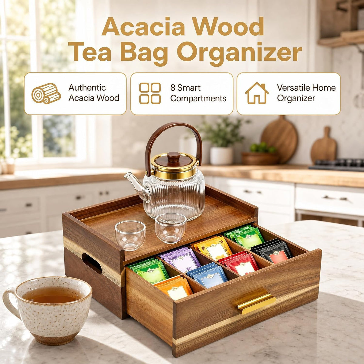 Acacia Wood Tea Bag Organizer 8 Compartment Storage Box & Organizer with ...