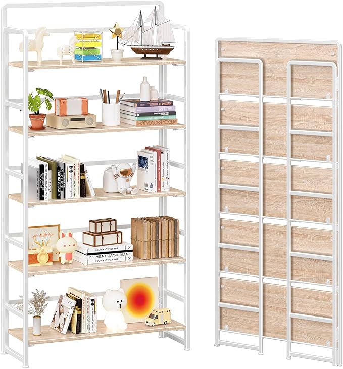 4NM No Assembly Extra Wide 5 Tiers Folding Bookshelf Storage Shelves Vintage by 4NM