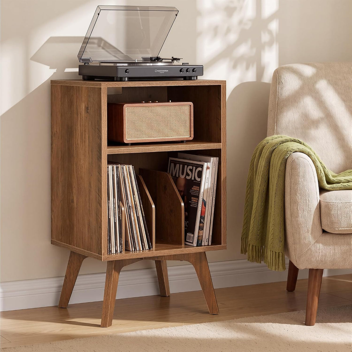 VASAGLE End Table, Mid-Century Record Player Stand, Holds 160 Albums