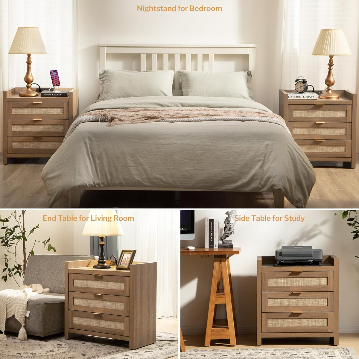 SICOTAS Rattan Nightstand for Bedroom, Bedside Table with 3 Large Drawers