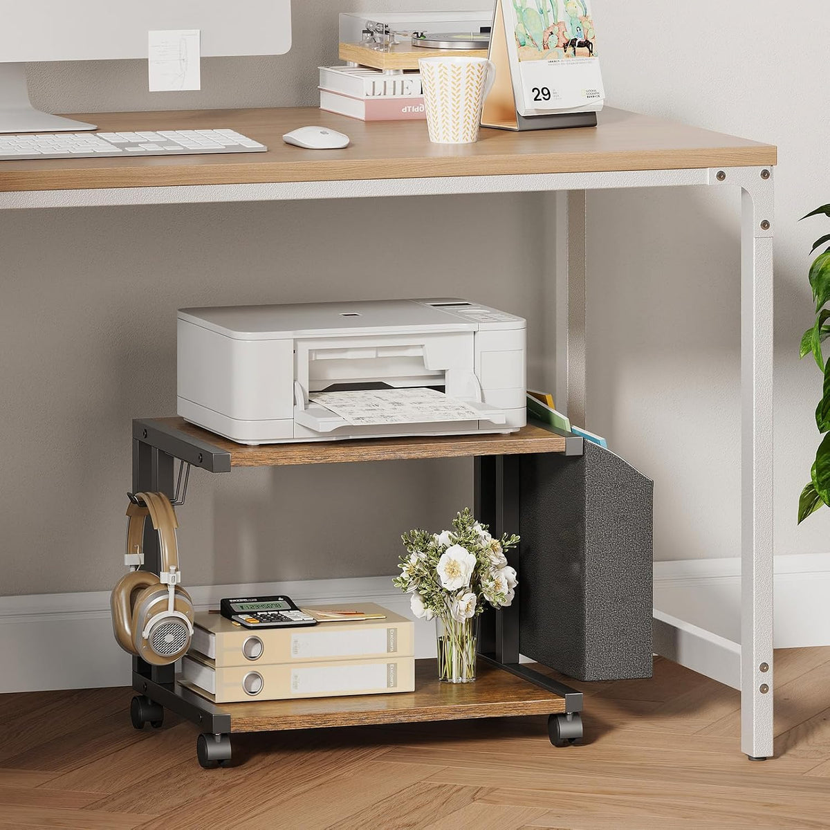 VEDECASA 2 Tier Rustic Brown Wooden Under Desk Printer Stand with Storage Bag...