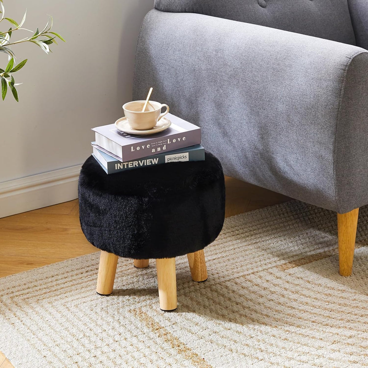 YMYNY Round Pouf Ottoman, 12.6" Small Foot Stool, Black HBD035B