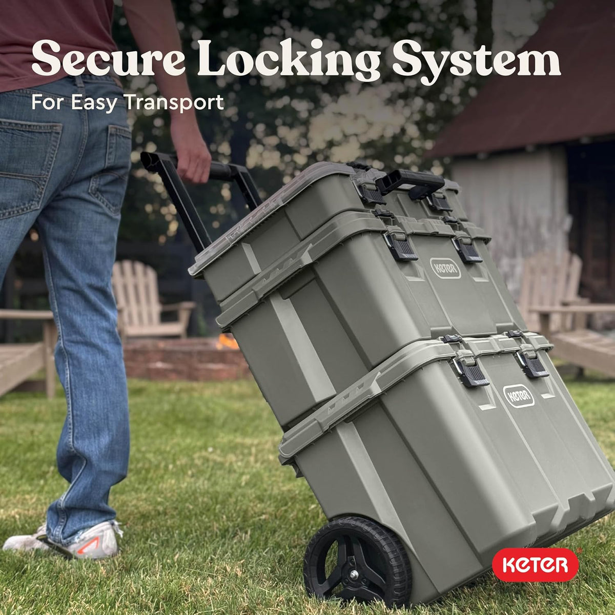 keter stack-n-roll outdoor gear organizer, 3-piece rolling storage showing dimensions