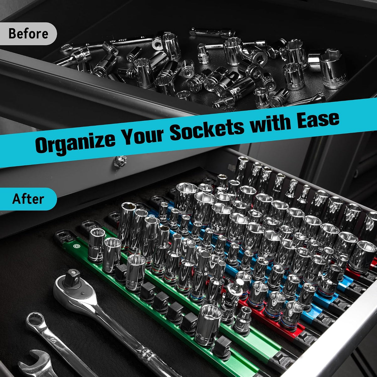 DURATECH 9PCS 1/4", 3/8", 1/2" Magnetic Socket Organizer Set w...