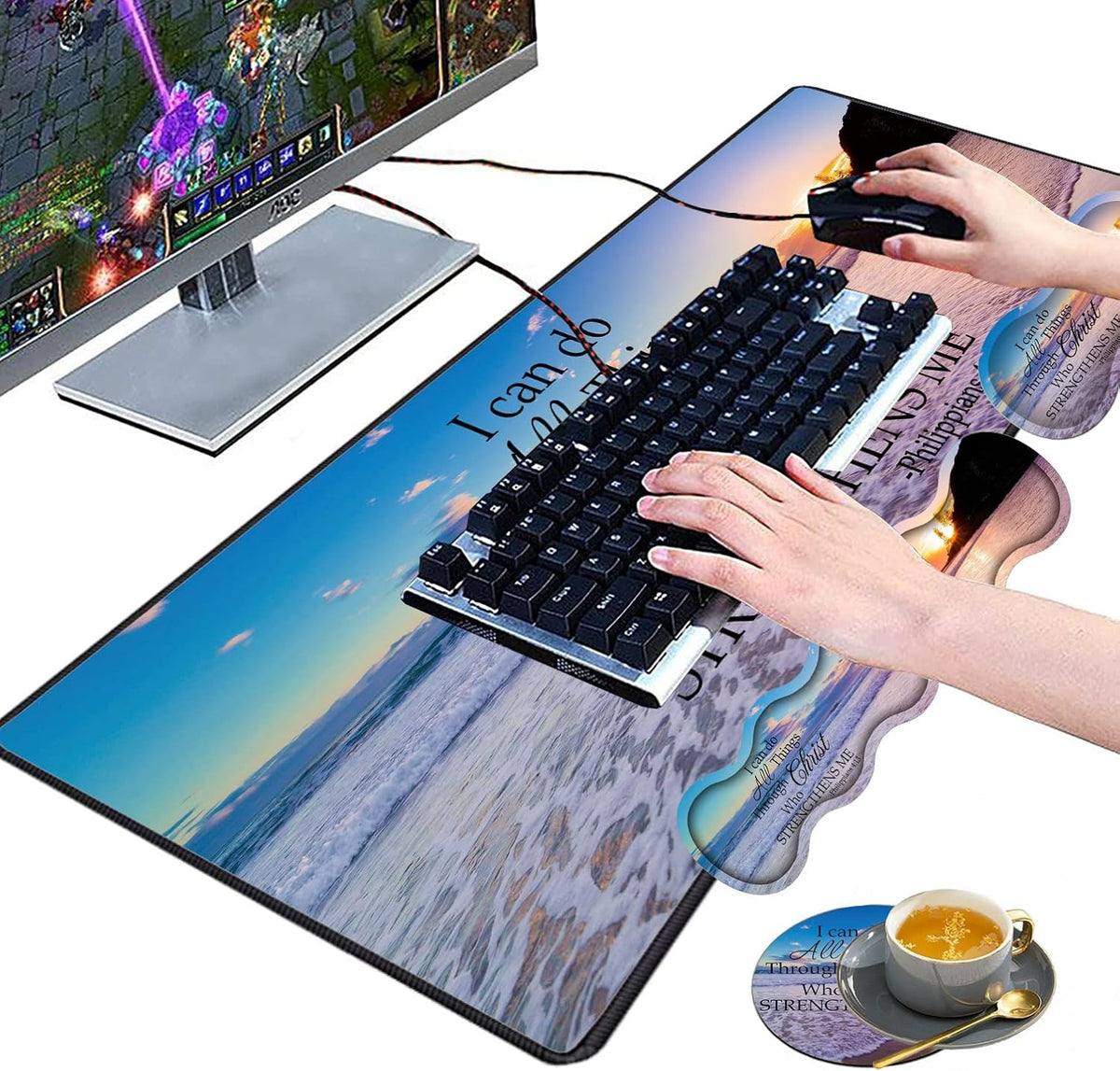 Large Gaming Mouse Pad, Keyboard Wrist Rest pad + Mouse Wrist pad + Coaster S...
