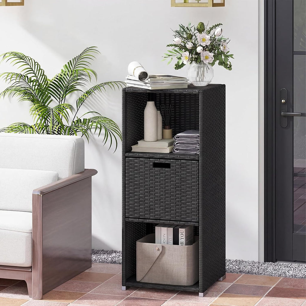happygrill outdoor storage cabinet pe rattan wicker storage shown in use