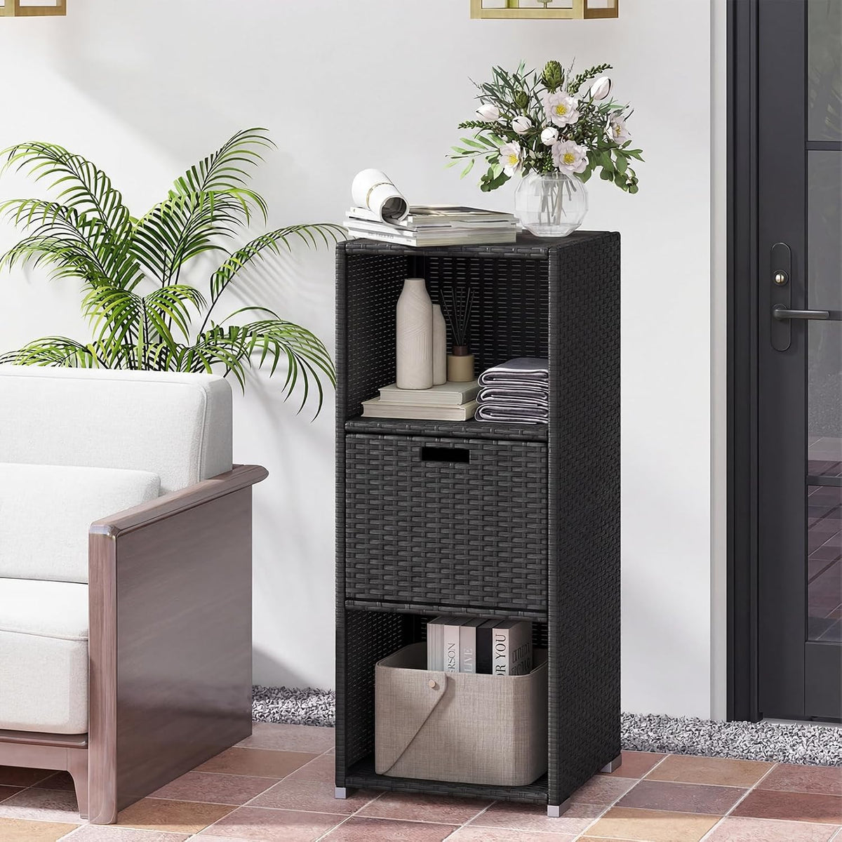 happygrill outdoor storage cabinet pe rattan wicker storage shown in use