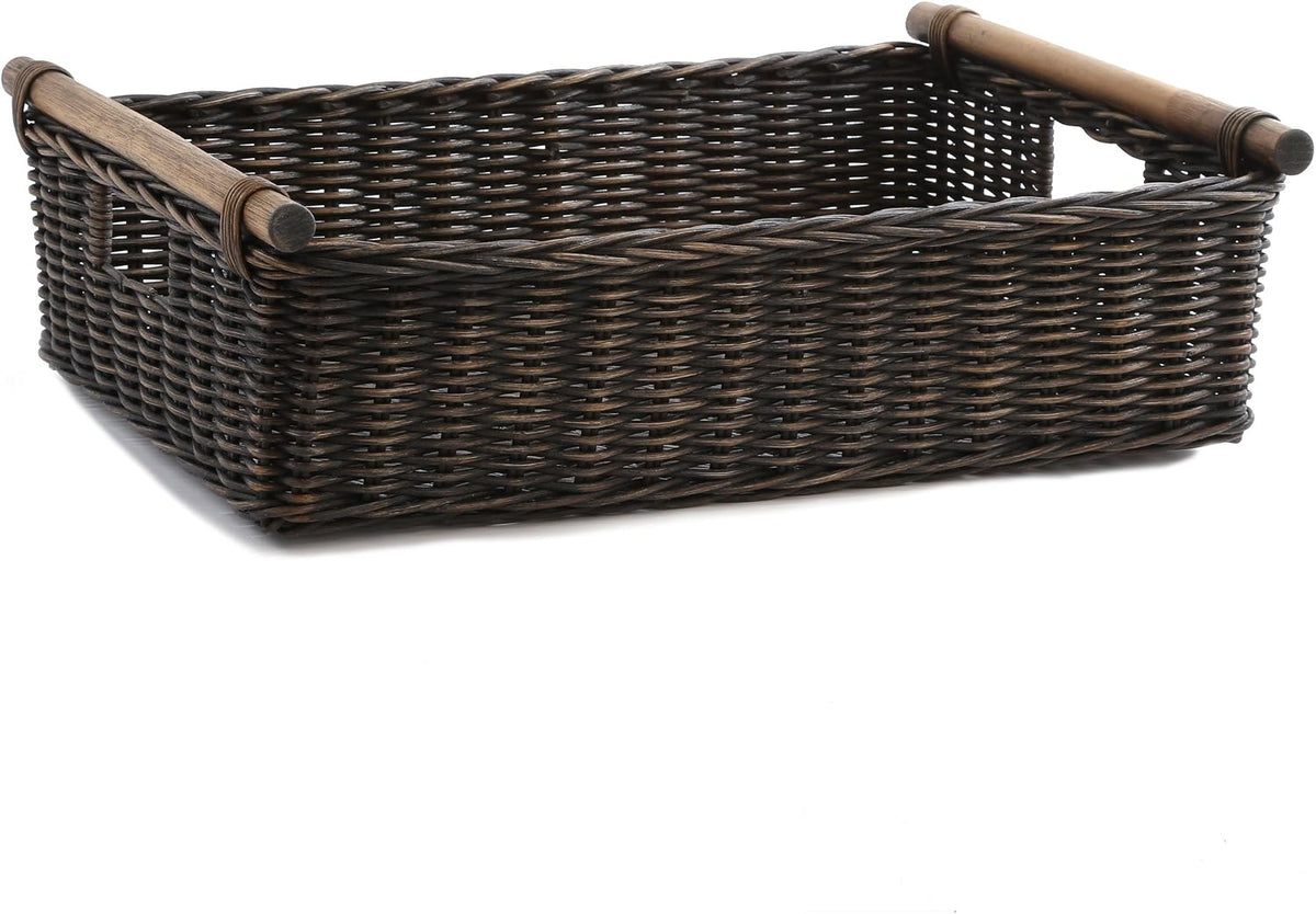 The Basket Lady Low Pole Handle Wicker Storage Basket, XL, Walnut Brown