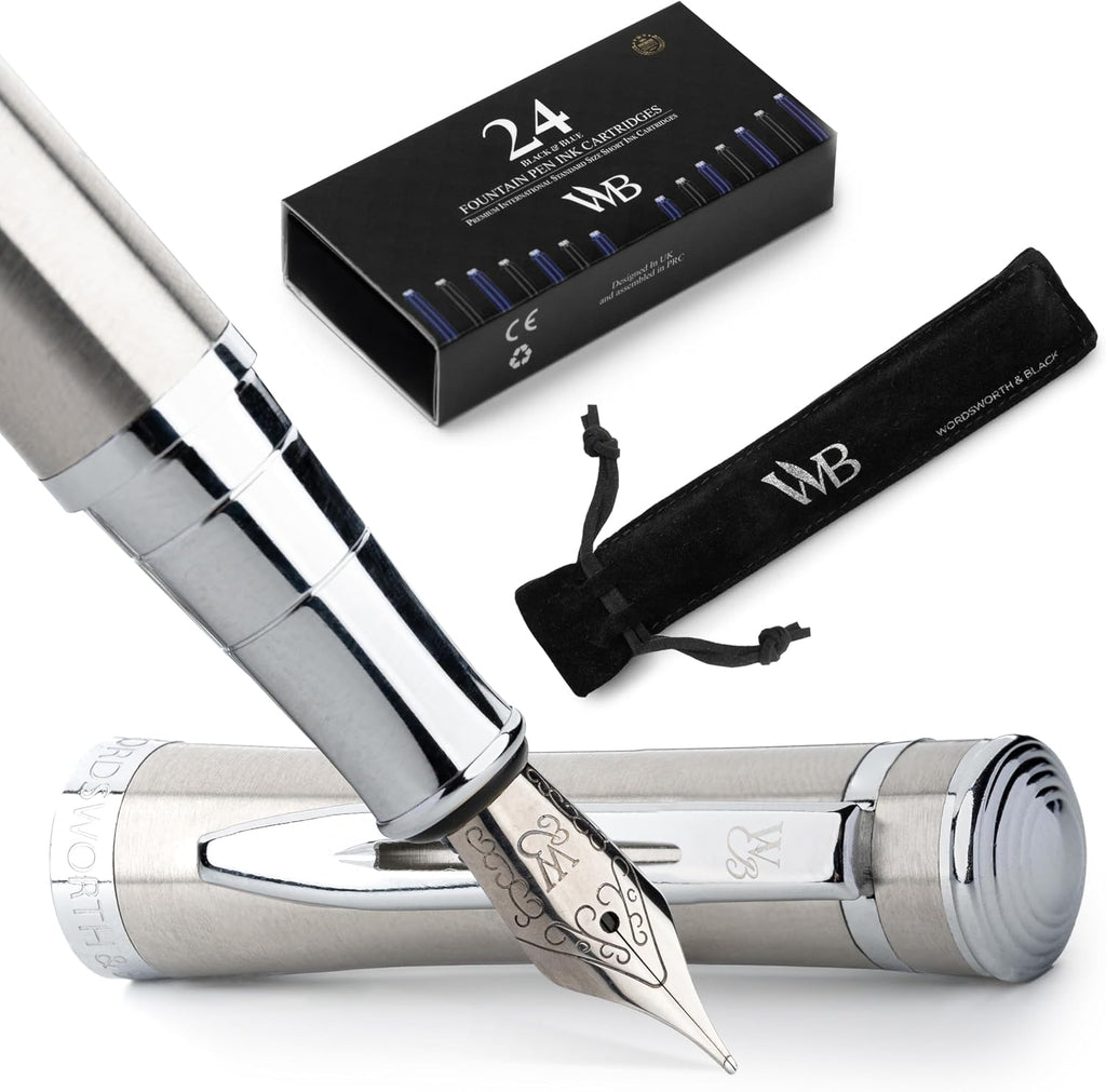 Wordsworth & Black Fountain Pen Set, Medium Nib, Includes 24 Pack Ink Cartridges
