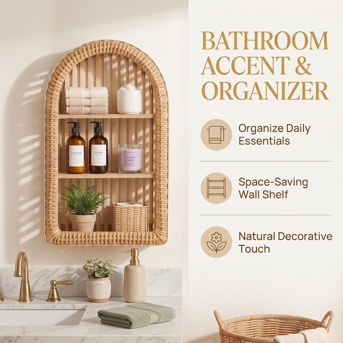 Rattan Wall Shelf - 3 Tier Boho Arched Wicker Hanging Shelves