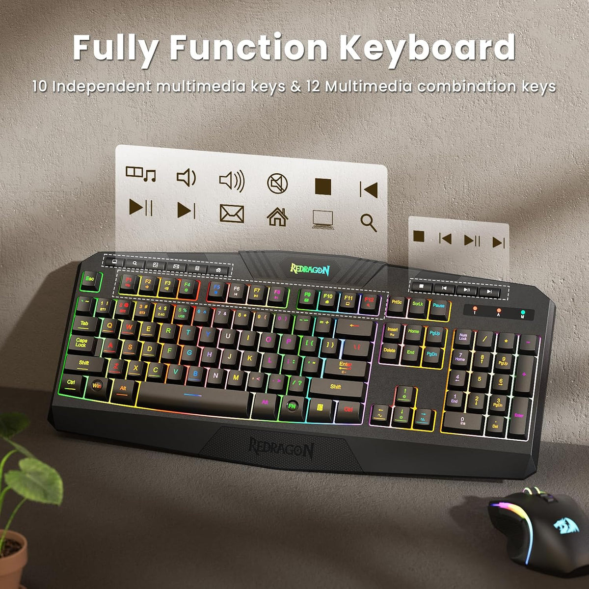 Redragon S101M-KS Gaming Keyboard and Mouse Wireless with Tri-Mode, RGB Keybo...