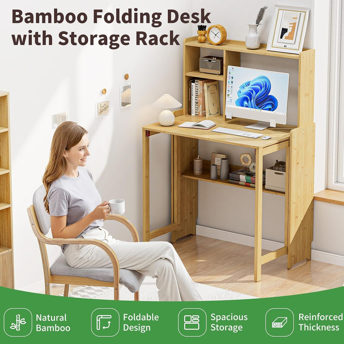 Folding Desk for Small Spaces, Bamboo Foldable Desk with Bookshelf, Natural
