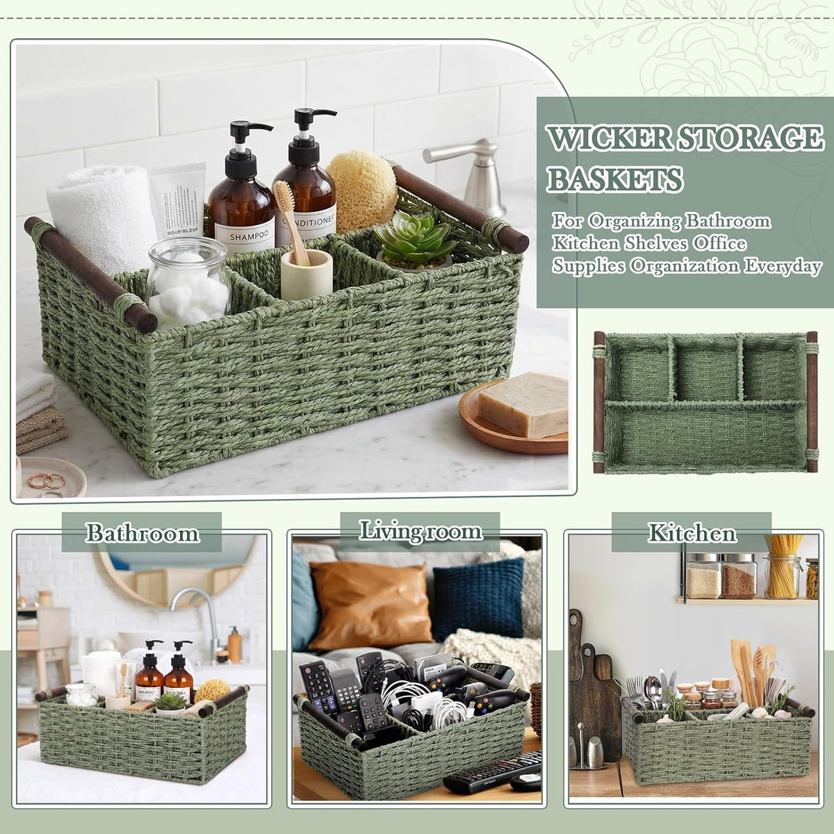 Remerry Sage Green Bathroom Countertop Organizer Caddy, Wicker-Like Divided B...