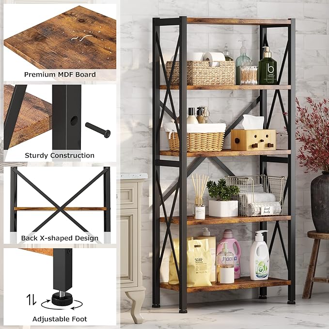 Homeiju 5-Tier Bookshelf, Wood Bookcase, Book Shelf - Image 4