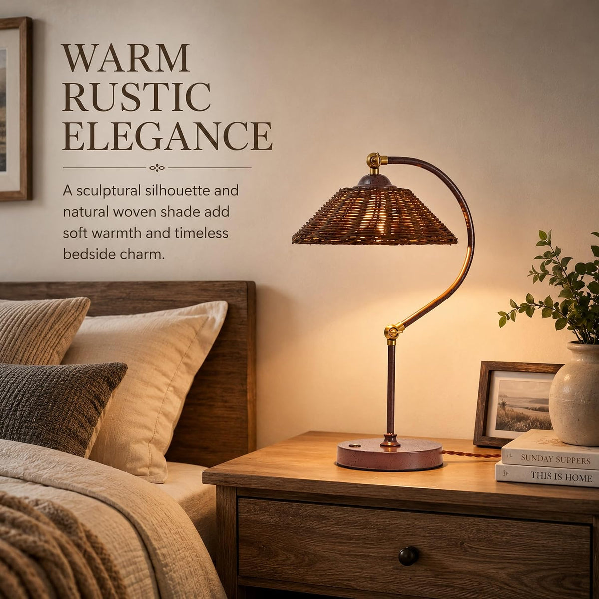 Touch Control Vintage Brown Rattan Table Lamp Set of 2 Adjustable Swing Arm