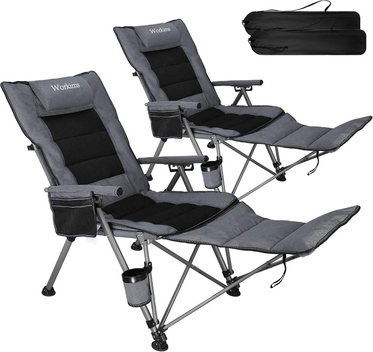 2 Pack Reclining Camping Chairs with Footrest and Pillow, 5 Position Adjustab...