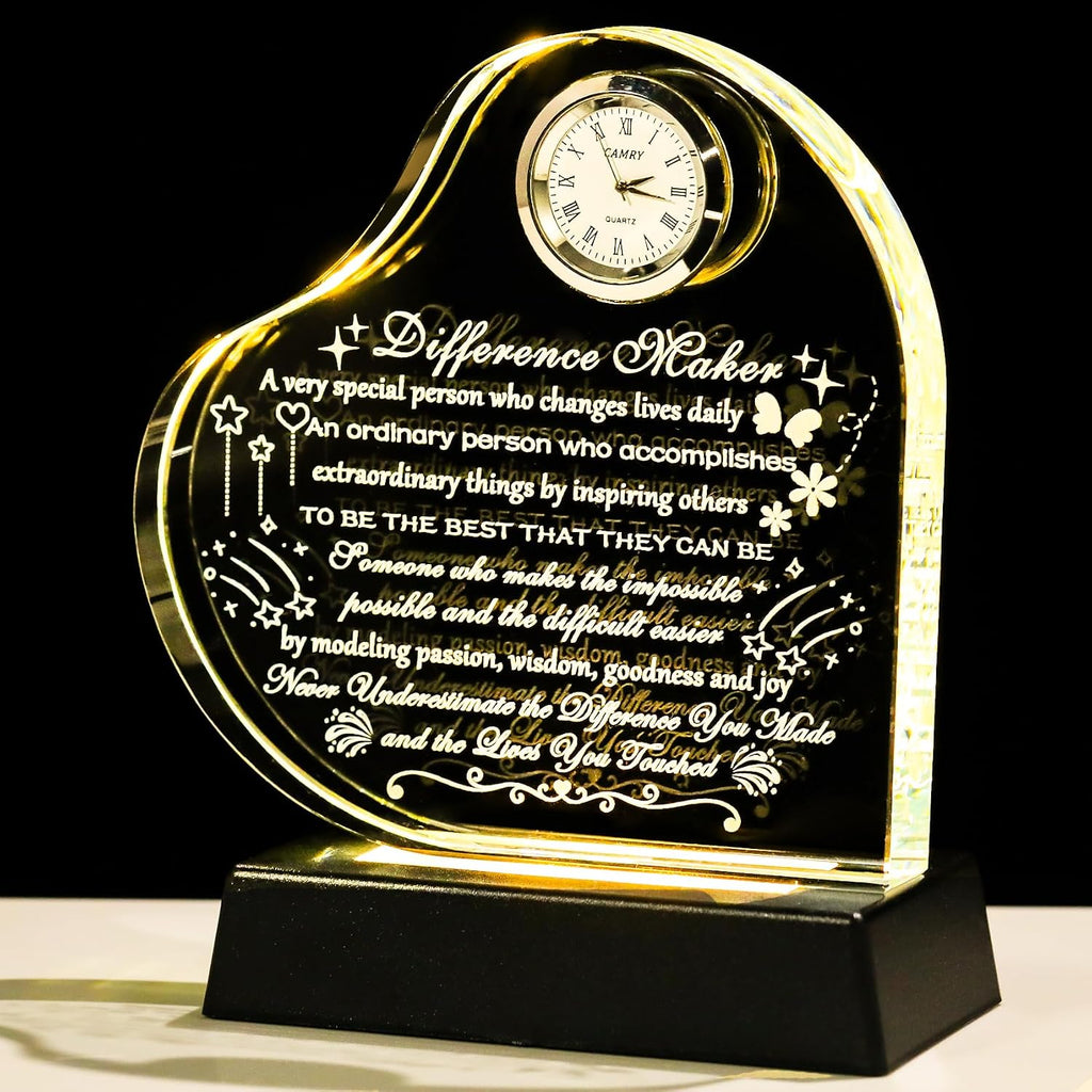 YWHL Difference Maker Gift with LED Base Thank You Gifts for Women Men Employee Mentor Teacher Boss Coworkers Retirement Appreciation Gifts Motivational Difference Maker Clock Plaque Sign Office Decor