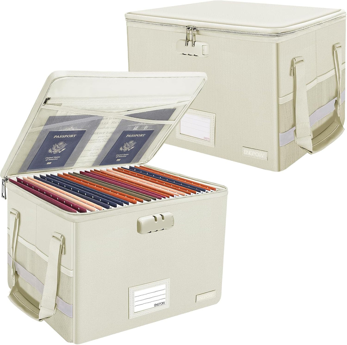 ENGPOW File Box with Lock, Fireproof Document Box with Zipper Lid, Collapsible