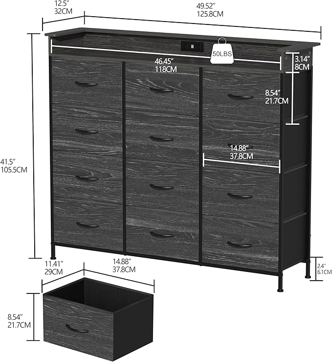 Welfuturer Black Dresser with LED Light 12 Drawers Dresser with Charging - Image 2
