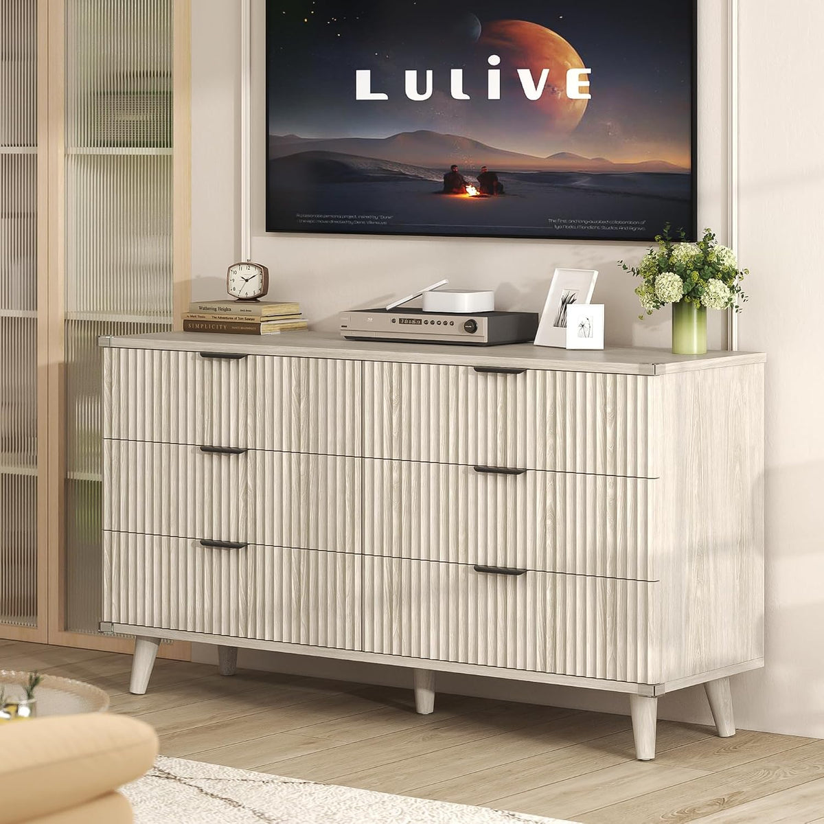 Wood Tall 6 Drawers Dresser, 53.2" W Fluted Modern Dressers for Bedroom