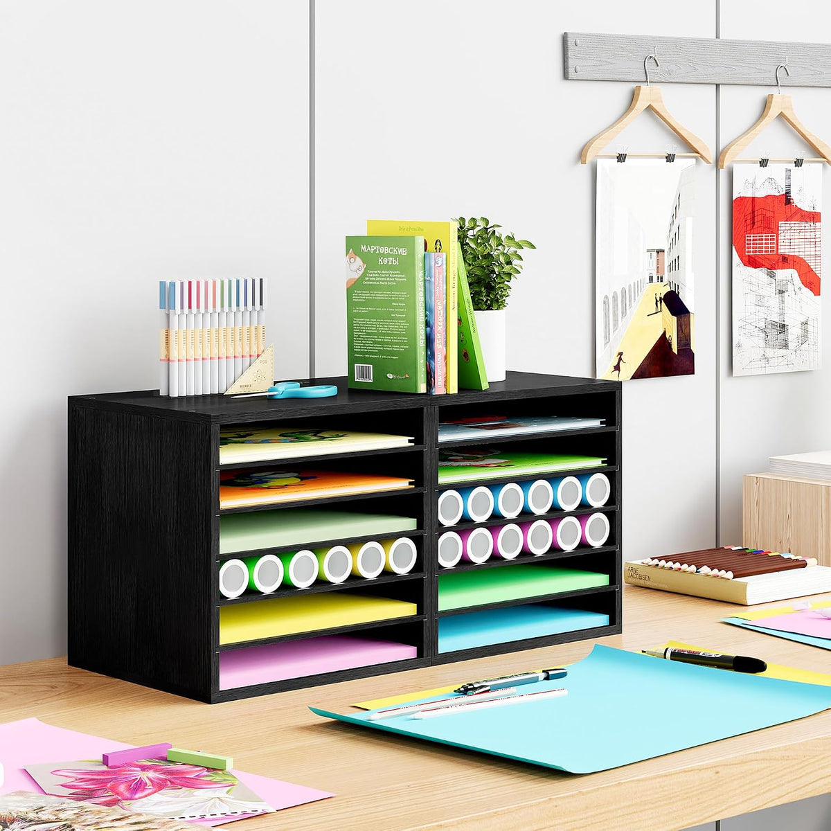 Alpeir Scrapbook Paper Storage Organizer with Adjustable Shelves, Black